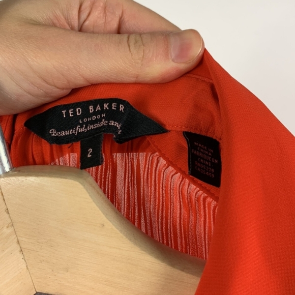 Ted Baker Coral Red Pleated Blouse with Butterfly Collar Detail 2 Medium - Picture 5 of 6